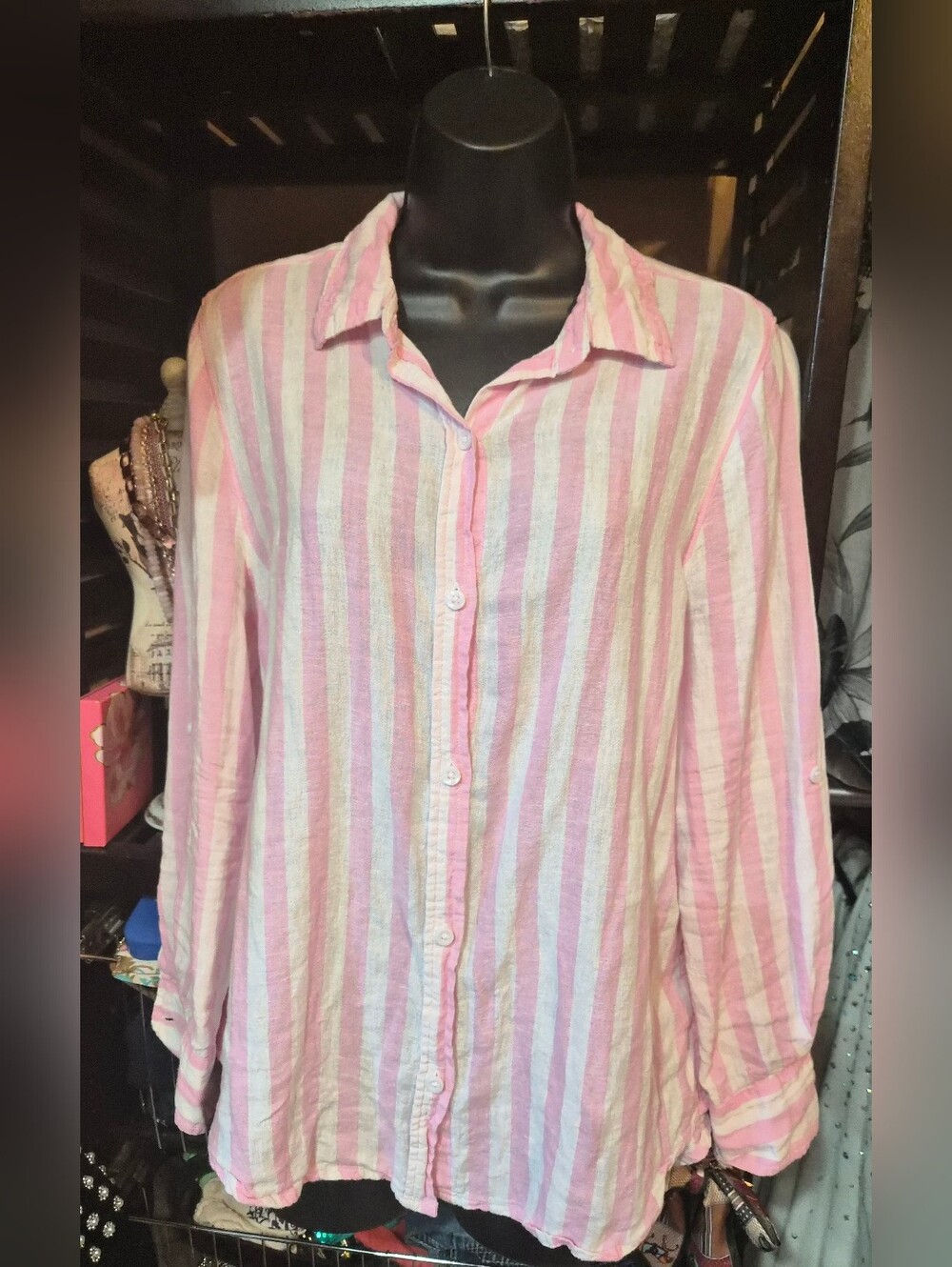 Lola River Womens Linen Blend Button Down Shirt Sz M Pink Striped Coastal Resort